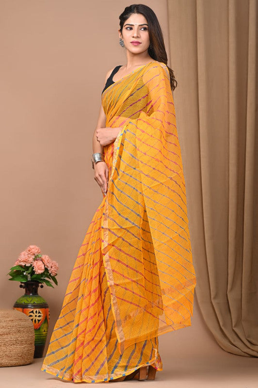 Yellow & Multi Coloured Kota Doriya Cotton Beautiful Hand Block printed Women Daily/Party wear Saree with Blouse!!