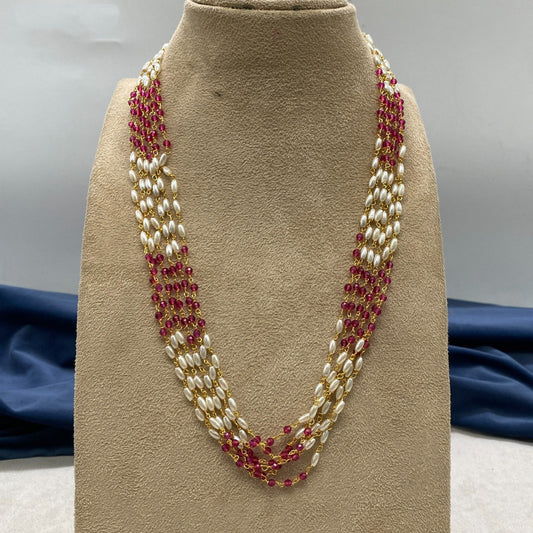 Beautiful Dark Pink & White Coloured Premium Quality Pure Brass Gold Plating & Pearls Mala with Earrings for Women!!