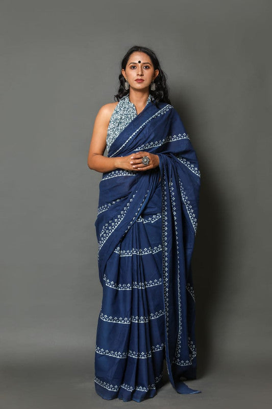 Blue Hand Printed Mul Cotton Sarees with Blouse!!