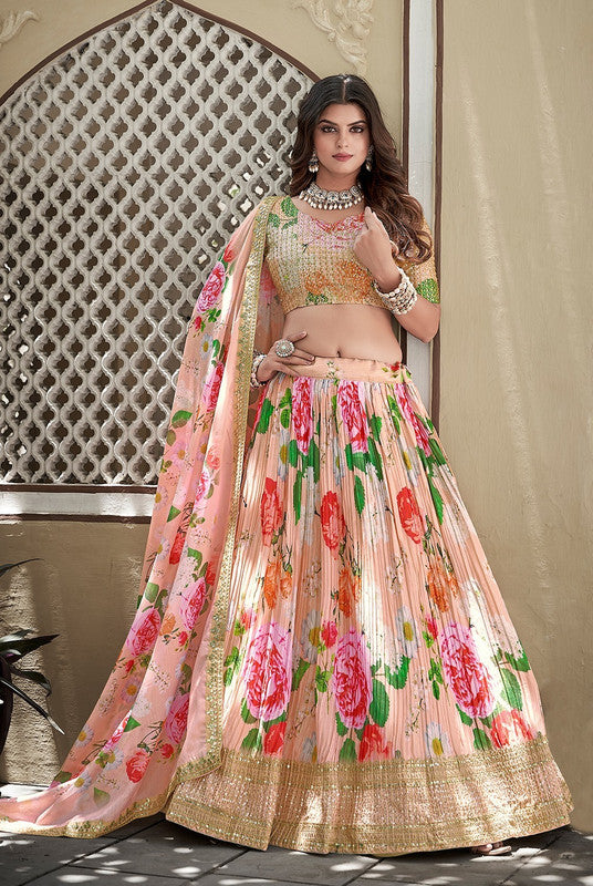 Peach & Multi Coloured Crushed Chinon Digital Printed with Sequence Work Woman Designer Party wear Lehenga Choli with Dupatta!!