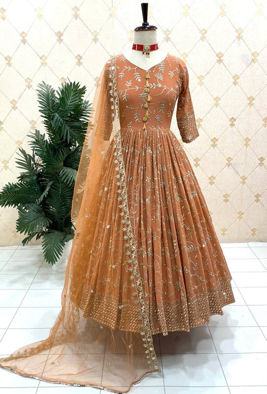 Brown Heavy Fox Georgette With Heavy 5mm Sequence Emrodery Work Party wear Gown with Dupatta & Bottom!!