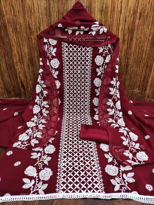 Maroon Coloured Exclusive Georgette Lucknow Chickankari Embroidery work Dress Material Suit!!