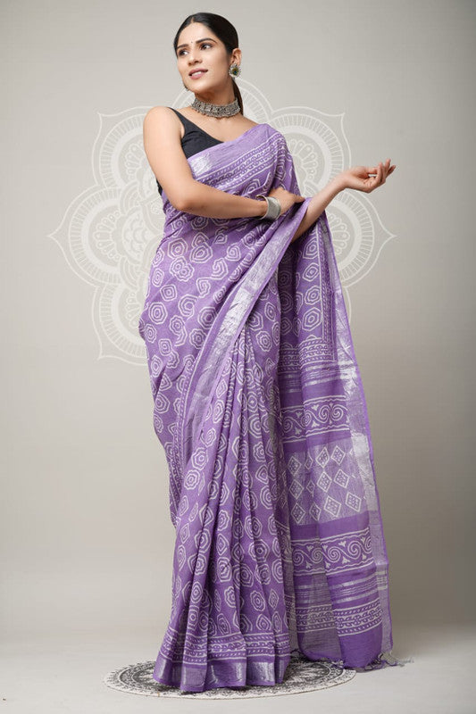 Purple & Multi Coloured Linen Cotton Beautiful Hand Block printed Women Daily/Party wear Saree with Blouse!!