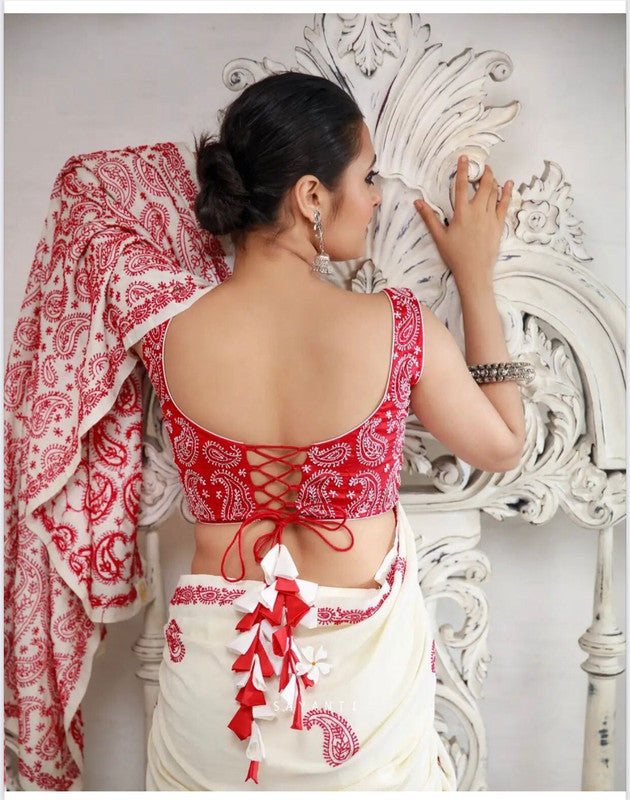 Off White & Red Coloured Pure Mulmul Cotton Silk with Digital Print Women Party wear Cotton Silk Saree with Blouse!!