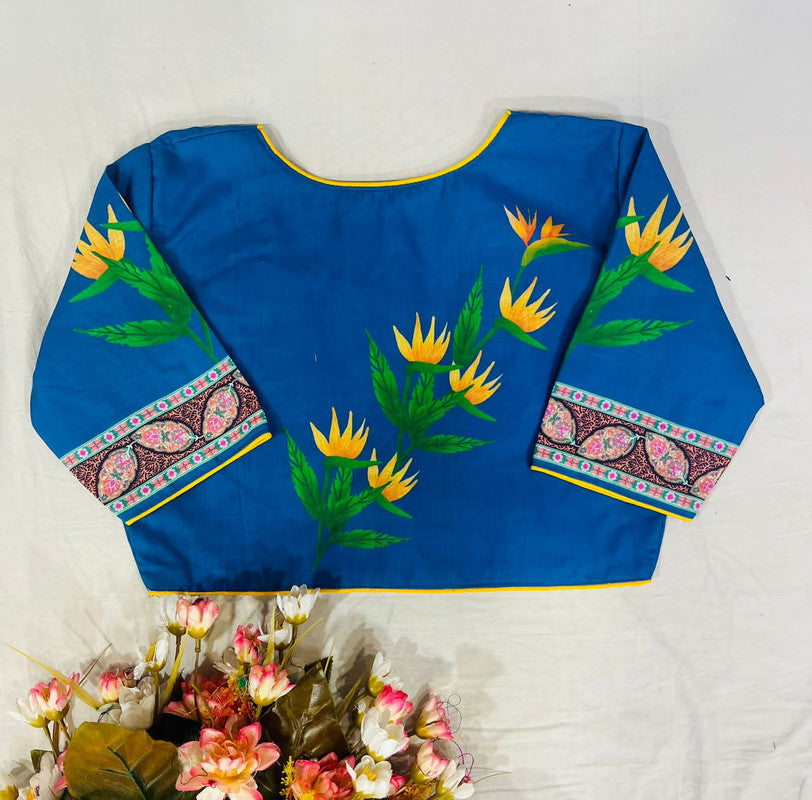 Blue Coloured Pure Silk with Handmade work  Woman Ready made Designer Botique Style Blouse- Free Size Up to 42 Inch!!