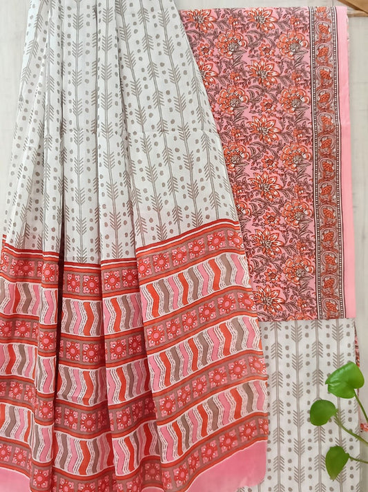 Pink & Multi Coloured Unstitched Pure Cotton Hand Block Printed Women Party/Daily wear Dress Material Suit- Top with Bottom & Cotton Dupatta!!