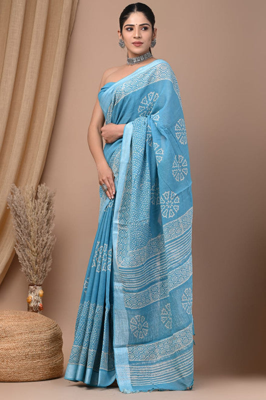 Sky Blue & White Coloured Exclusive Hand Block printed Women Daily/Party wear Linen Cotton Saree with Blouse!!