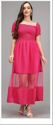 Rani Fit and Flare American Crepe and Net Dress FREE SIZE( Up to L 38 size)