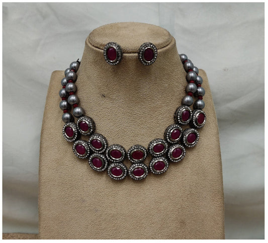 White & Maroon Coloured Real Kundan Women Designer Black Mala Long set with earrings!!