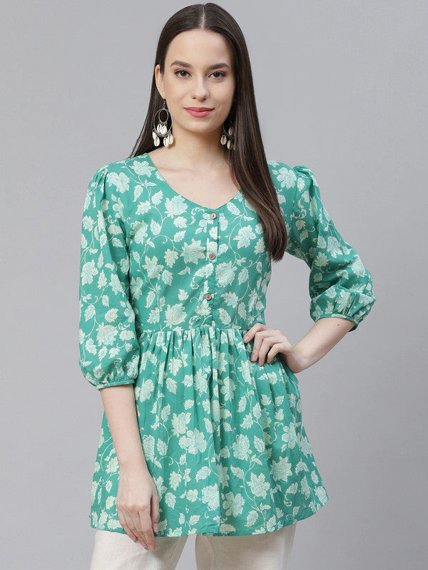 Sea Green & Off White Coloured Pure Cotton Floral Peplum Print Round Neck, Bell Sleeves Women Party/Daily wear Western Top!!