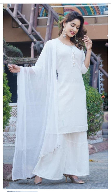 White Coloured Heavy Rayon Embroidery with Lace work Solid  Round Neck 3/4 Sleeves Women Designer Party/Daily wear Kurti with Sharara & Chiffon Dupatta!!