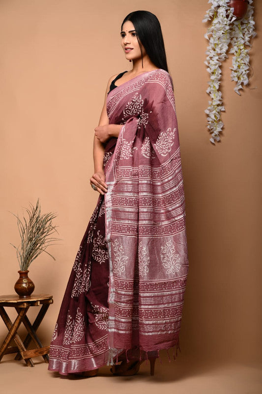 Pink & Multi Coloured Linen Cotton Beautiful Hand Block printed Women Daily/Party wear Saree with Blouse!!