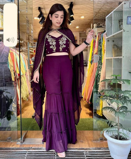 Purple Coloured Faux Georgette with Embroidery Work Ruffle Sharara with Choili and Dupatta!!