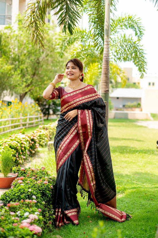 Black & Maroon Coloured Exclusive Soft Raw Silk with Contrast Temple woven Border Women Party wear Soft Raw Silk Saree with Blouse!!