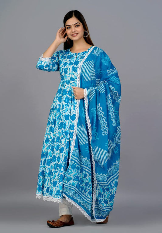 Sky Blue & Multi Coloured Premium Cottton Round Neck 3/4 Sleeves Women Fully Stitched Designer Party/Daily wear Kurti with Pant & Cotton Dupatta!!