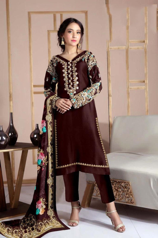 Brown Coloured Heavy Fox Georgette Stylish Embroidery with Hand work Women Fully Stitched Designer Party wear Top with Pant & Digital Print Dupatta!!