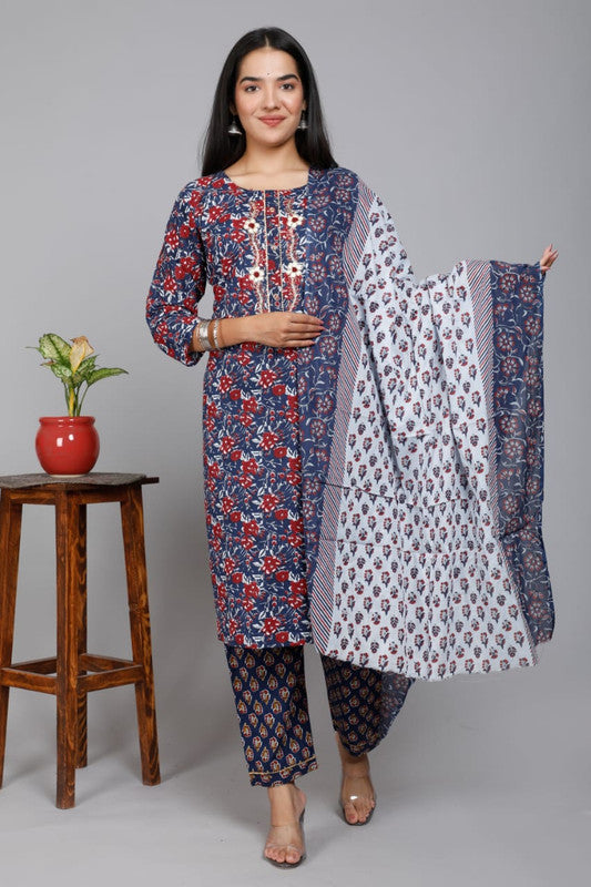 Beautiful Embroidery Work Cotton Kurti with Pant and Dupatta !!