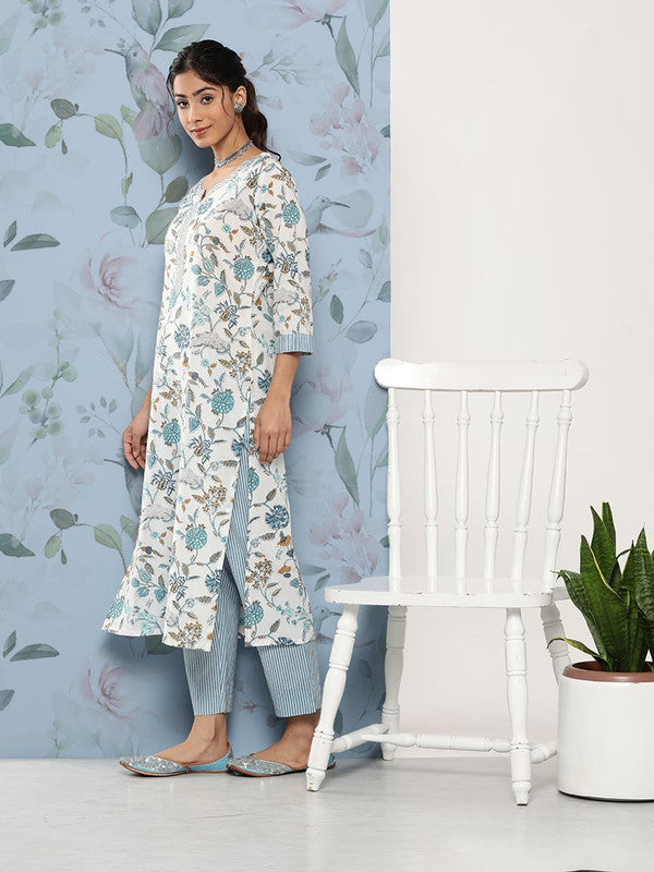 White & Green Pure Cotton Floral Printed Gotta Patti Straight shape Kurti with Trouser!!