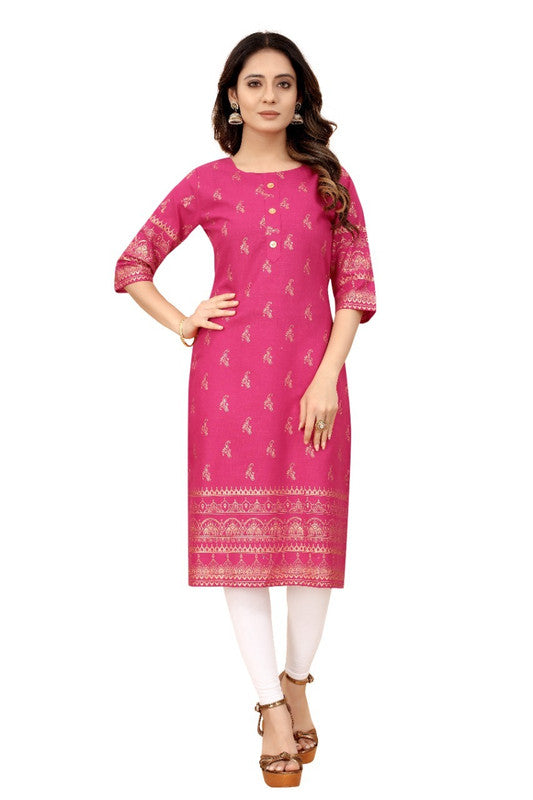 Pink Coloured Cotton Gold Foil Printed 3/4 Sleeves Stright Fit Kurti!!