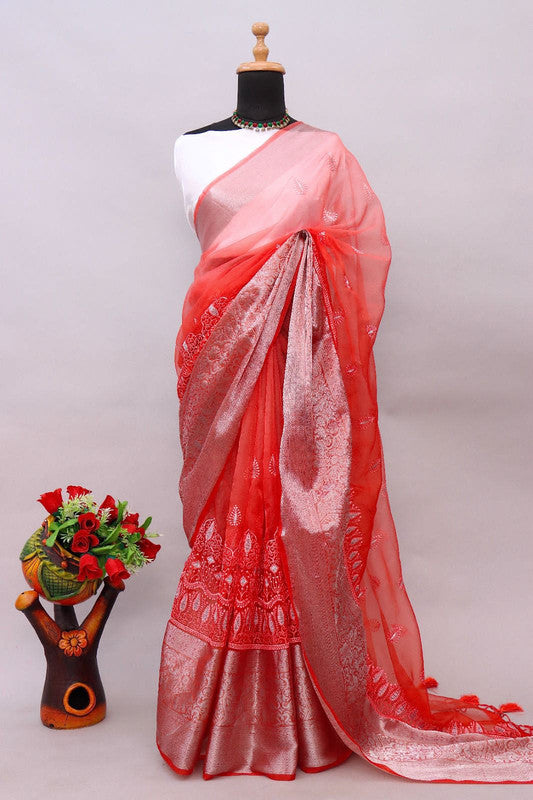 Red Coloured Pure Organza Kora Silk Jaqucard Fnacy Hand dying Women Party wear Saree with Blouse!!