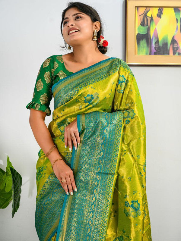 Parrot Green & Multi Coloured Antique Weaving Heavy Golden Contrast Big Border Women Designer Party wear Pure Soft Kanjivaram Silk Saree with Blouse!!