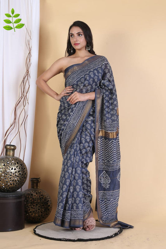 Grey & Multi Coloured Hand Block Printed Women Designer Party wear Maheshwari Cotton Silk Saree with Runnin Blouse!!