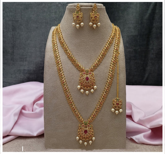 Beautiful Multi & Gold Coloured Premium Quality Pure Brass Gold Plating South CZ Combo ( 2 Necklace) with Earrings & Matha patti for Women!!