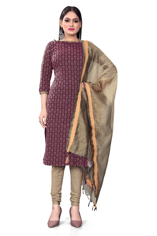 Wine Coloured Banarasi Jaquard with Print Women Party/Casual wear Dress Material Suit- Top with Bottom & Dupatta!!