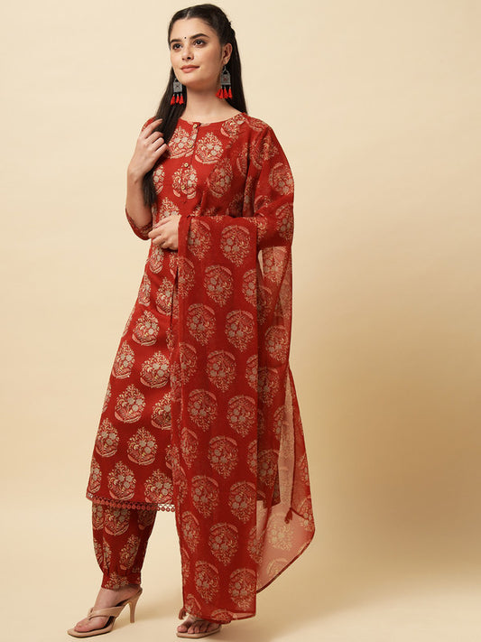 Maroon Coloured Designer Printed Crepe/Georgette Kurti with Pant & Dupatta!!