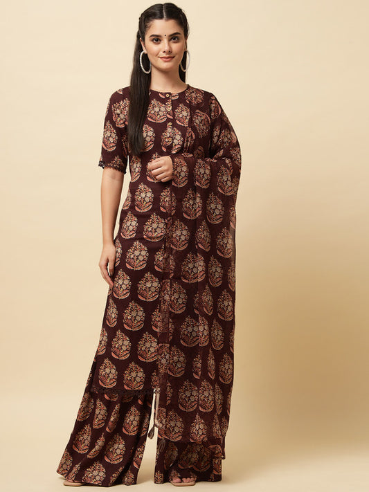 Wine Coloured Designer Printed Crepe/Georgette Kurti with Pant & Dupatta!!