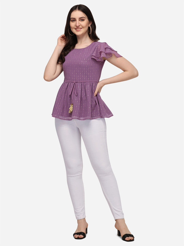 Lavender Coloured Designer Round Neck Georgette Short Top!!