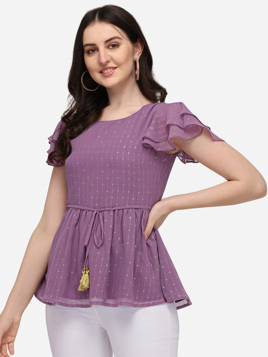 Lavender Coloured Designer Round Neck Georgette Short Top!!