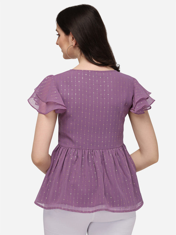 Lavender Coloured Designer Round Neck Georgette Short Top!!