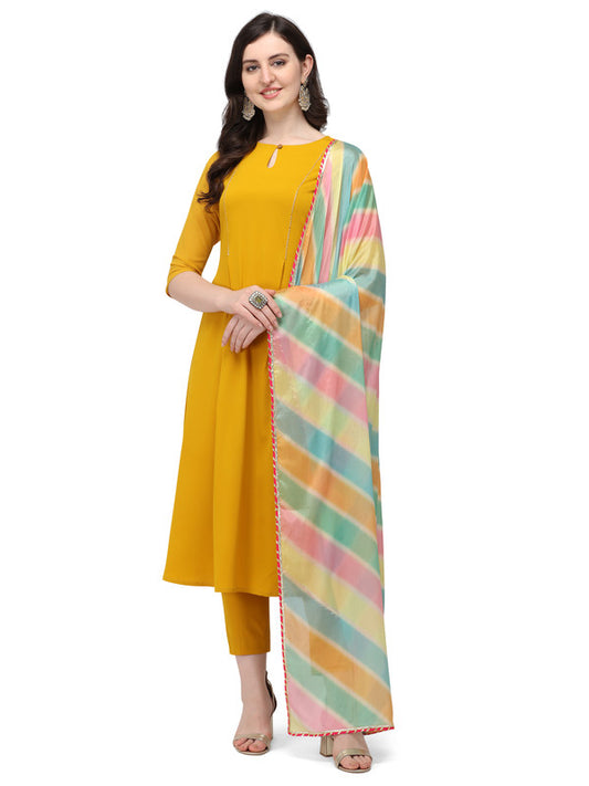 Mustard Coloured Designer Printed Crepe/Georgette Kurti with Pant & Dupatta!!