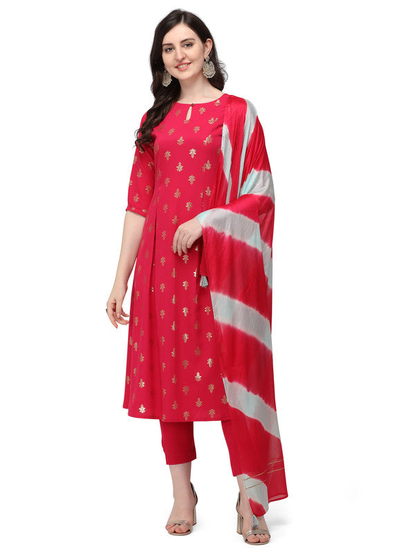 Pink Coloured Designer Printed Crepe/Georgette Kurti with Pant & Dupatta!!