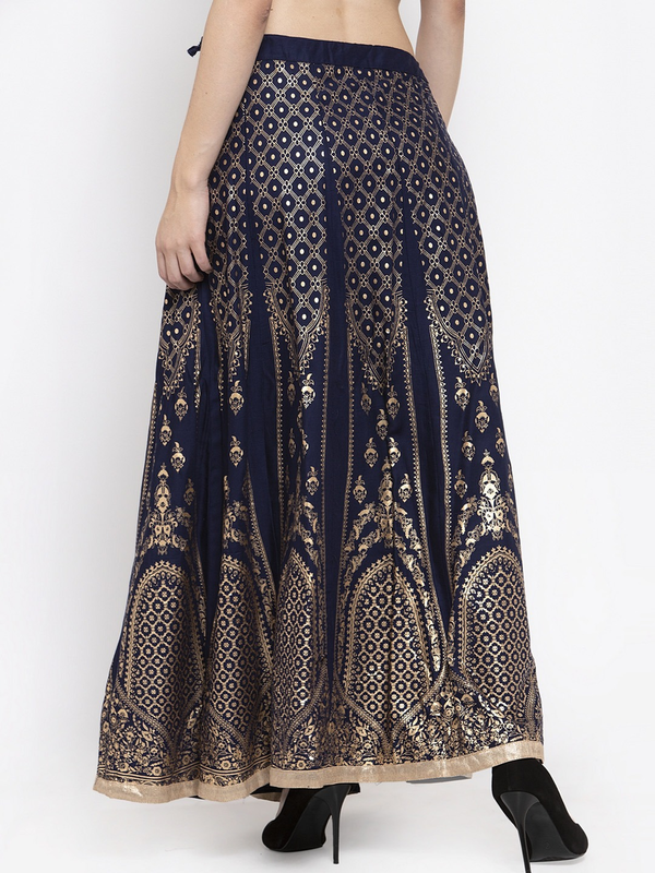 Gold Print Navy Blue coloured Rayon Skirt Free Size( 28 to 40 Inch)!!