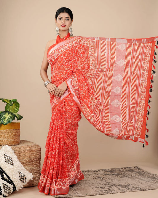 LINEN COTTON HAND PRINTED  SAREE WITH TAUSSAL