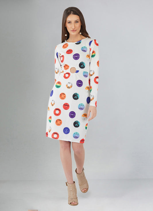 White & Multi Coloured Premium Lycra Printed Full Sleeves Round Neck Women Party/Daily wear Western Dress!!