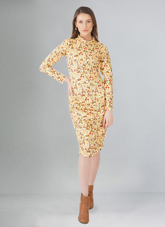 Light Yellow Coloured Premium Lycra Printed Full Sleeves Round Neck Women Party/Daily wear Western Dress!!