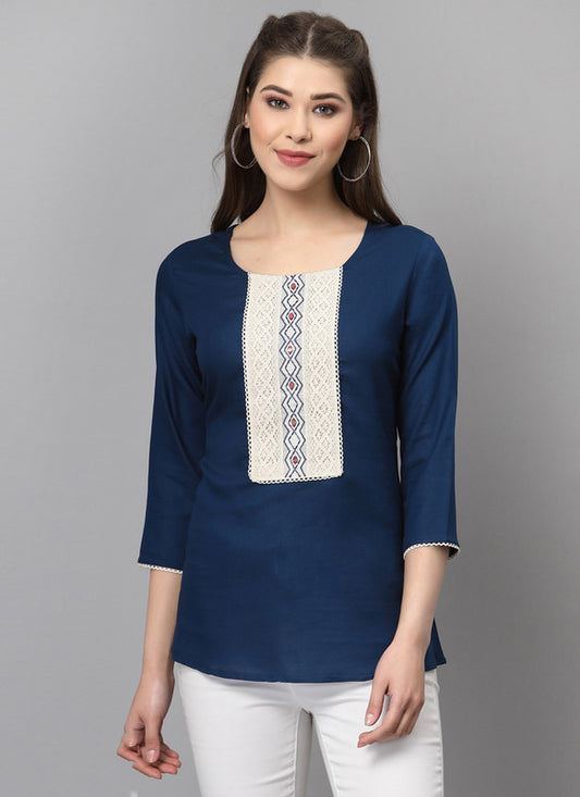 Dark Blue Coloured Premium Rayon Embroidered 3/4 Sleeves Round Neck Women Party/Daily wear Western Top!!