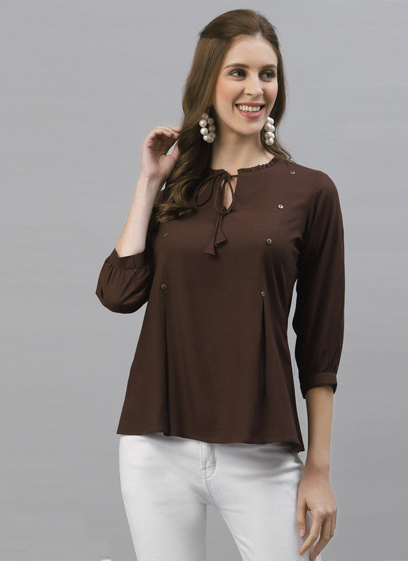 Brown Coloured Premium Rayon Dyed 3/4 Sleeves Round Neck Women Party/Daily wear Western Top!!