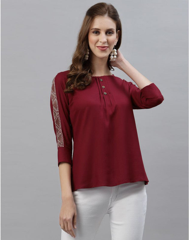 Maroon Coloured Premium Rayon Dyed 3/4 Sleeves Round Neck Women Party/Daily wear Western Top!!