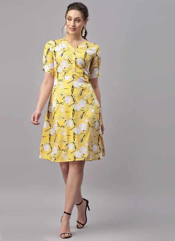 Yellow Coloured Crepe Digital Print Short Sleeves V Neck Women Party/Daily wear Western Dress!!