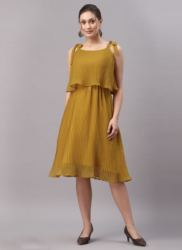 Mustard Yellow Coloured Georgette Crepe Pleating,Solid Sleeveless Women Party/Daily wear Western Dress!!