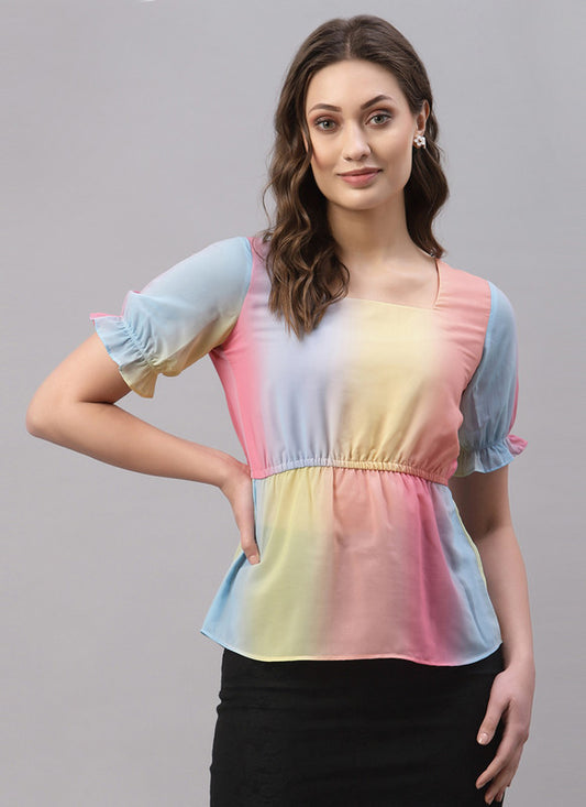 Multi Coloured Weight less Crepe Digital Printed Short Sleeves Square Neck Women Party/Daily wear Western Top!!