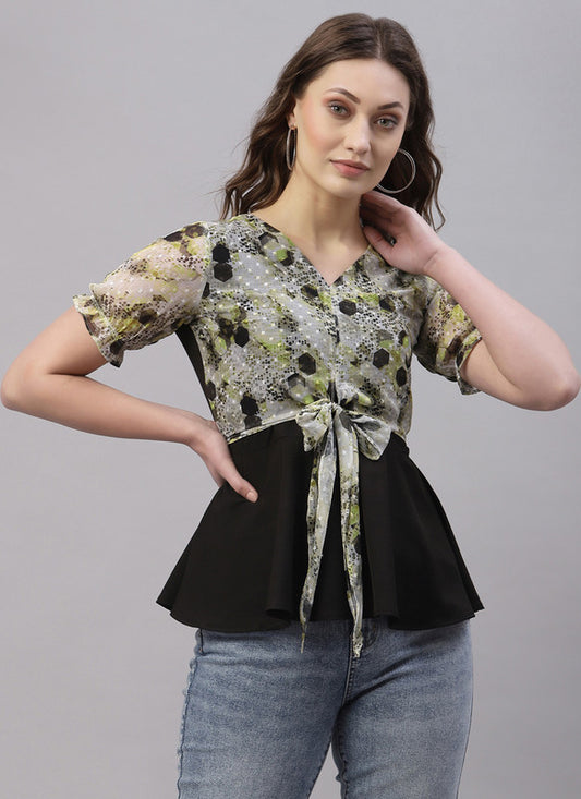 Green & Black Coloured Crepe, Roto Butti Short Sleeves V Neck Women Party/Daily wear Western Top!!