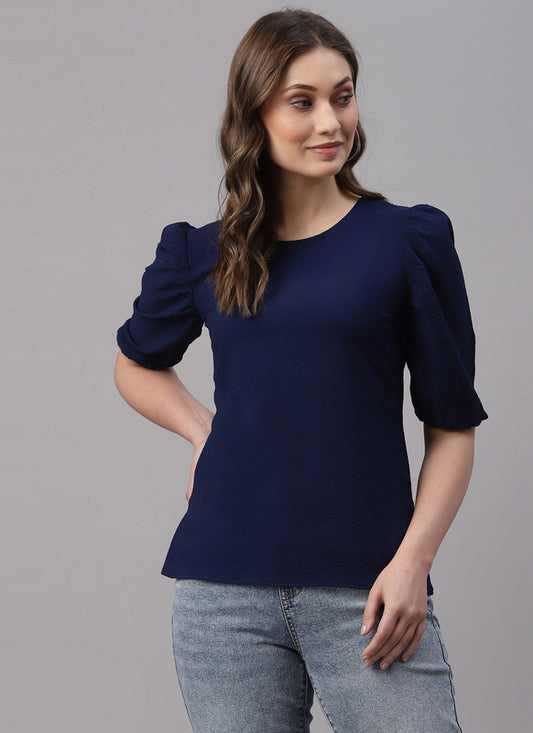 Navy Blue Coloured Maggie(Polyester) Solid 3/4 Sleeves Round Neck Women Party/Daily wear Western Top!!