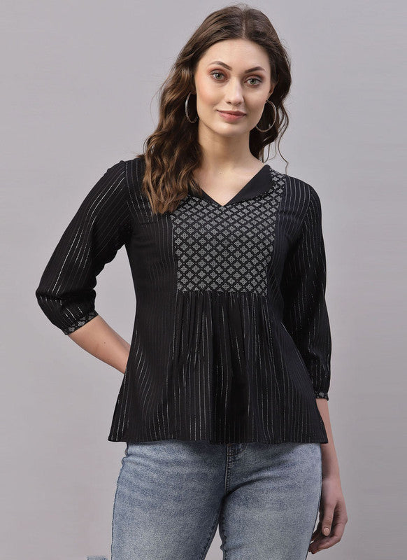 Black Coloured Rayon Zari Woven,Foil Printed 3/4 Sleeves V Neck Women Party/Daily wear Western Top!!