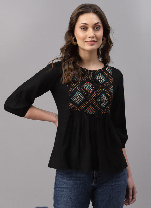 Black Coloured Rayon Mill Print 3/4 Sleeves Round Neck Women Party/Daily wear Western Top!!