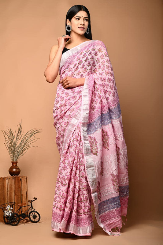 Purple & Multi Coloured Linen Cotton Beautiful Hand Block printed Women Daily/Party wear Saree with Blouse!!